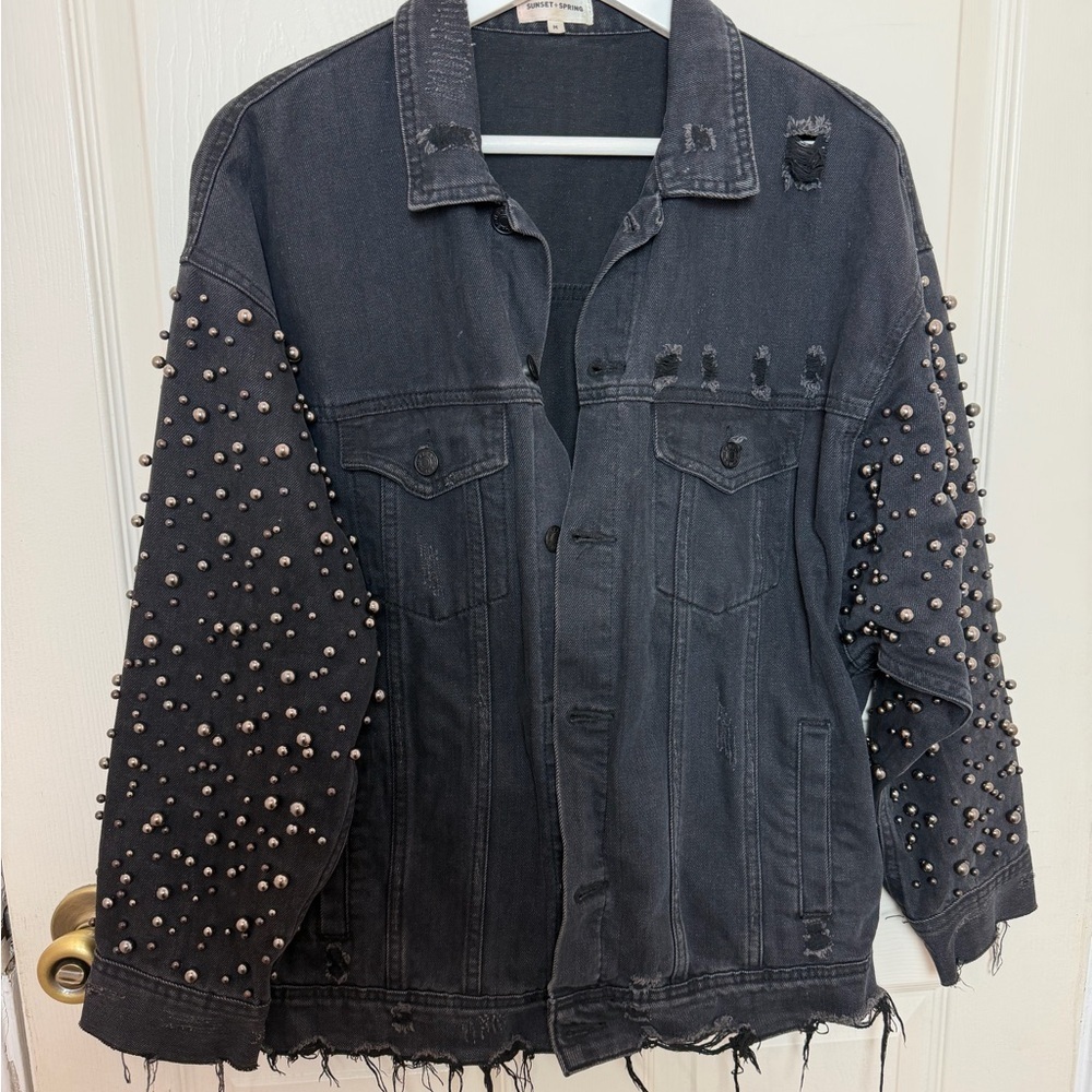 Black Studded Denim Bomber Jacket - Women - Picture 3 of 8